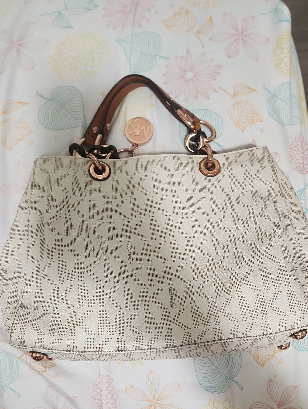 Michael Kors Cream Logo Tote with Brown Handles and Rose Gold Accents